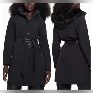 Guess Black Trench Coat with Faux Fur Hood